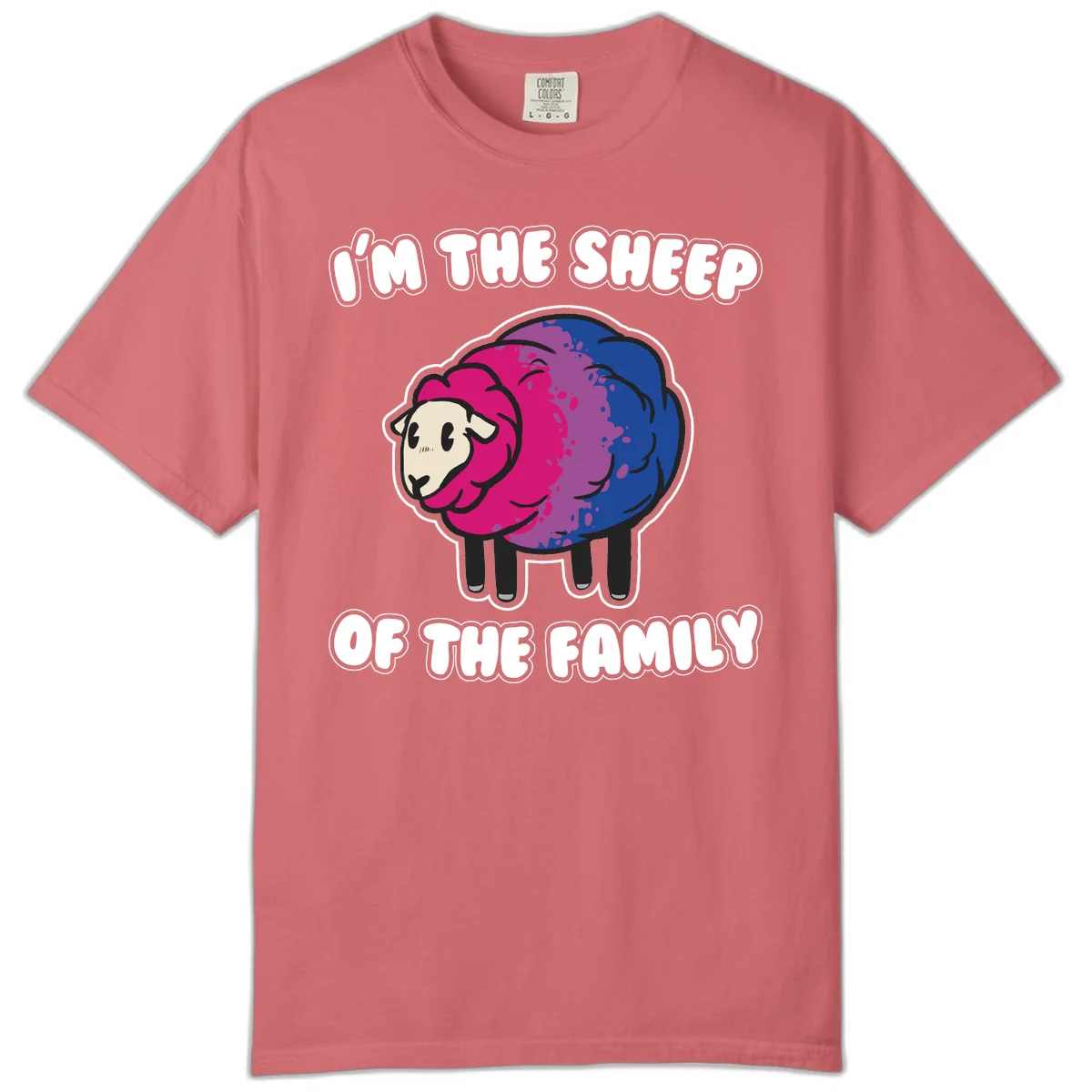 Colorful cartoon sheep with gradient pink, purple, and blue wool, text reads 'I'm the sheep of the family' in Watermelon