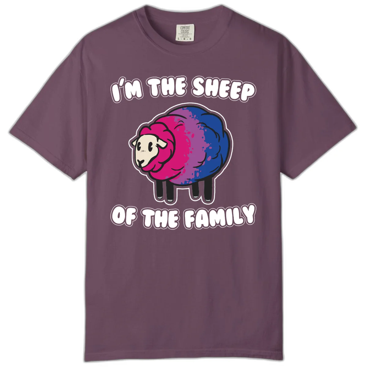 Colorful cartoon sheep with gradient pink, purple, and blue wool, text reads 'I'm the sheep of the family' in Berry