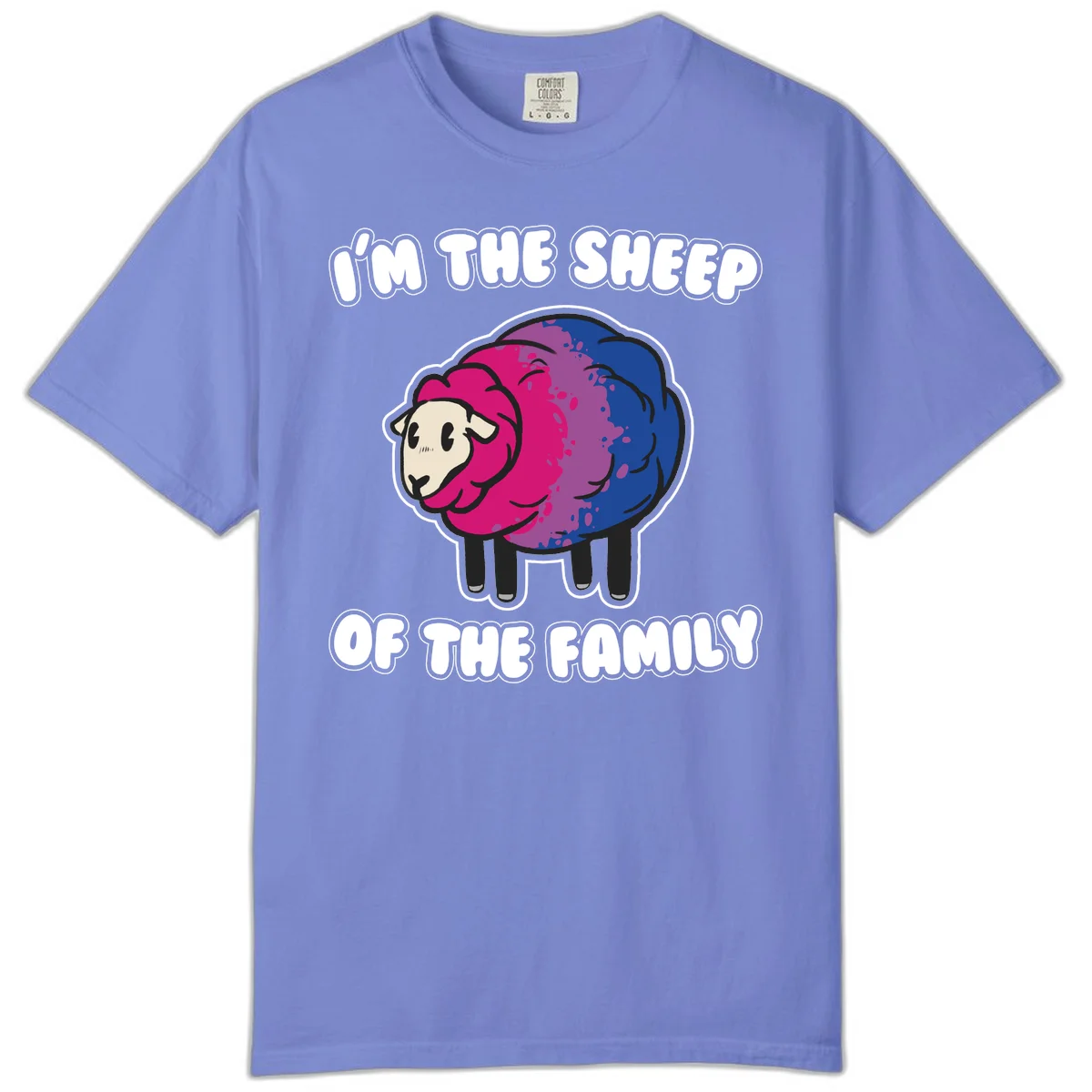 Colorful cartoon sheep with gradient pink, purple, and blue wool, text reads 'I'm the sheep of the family' in Flo Blue