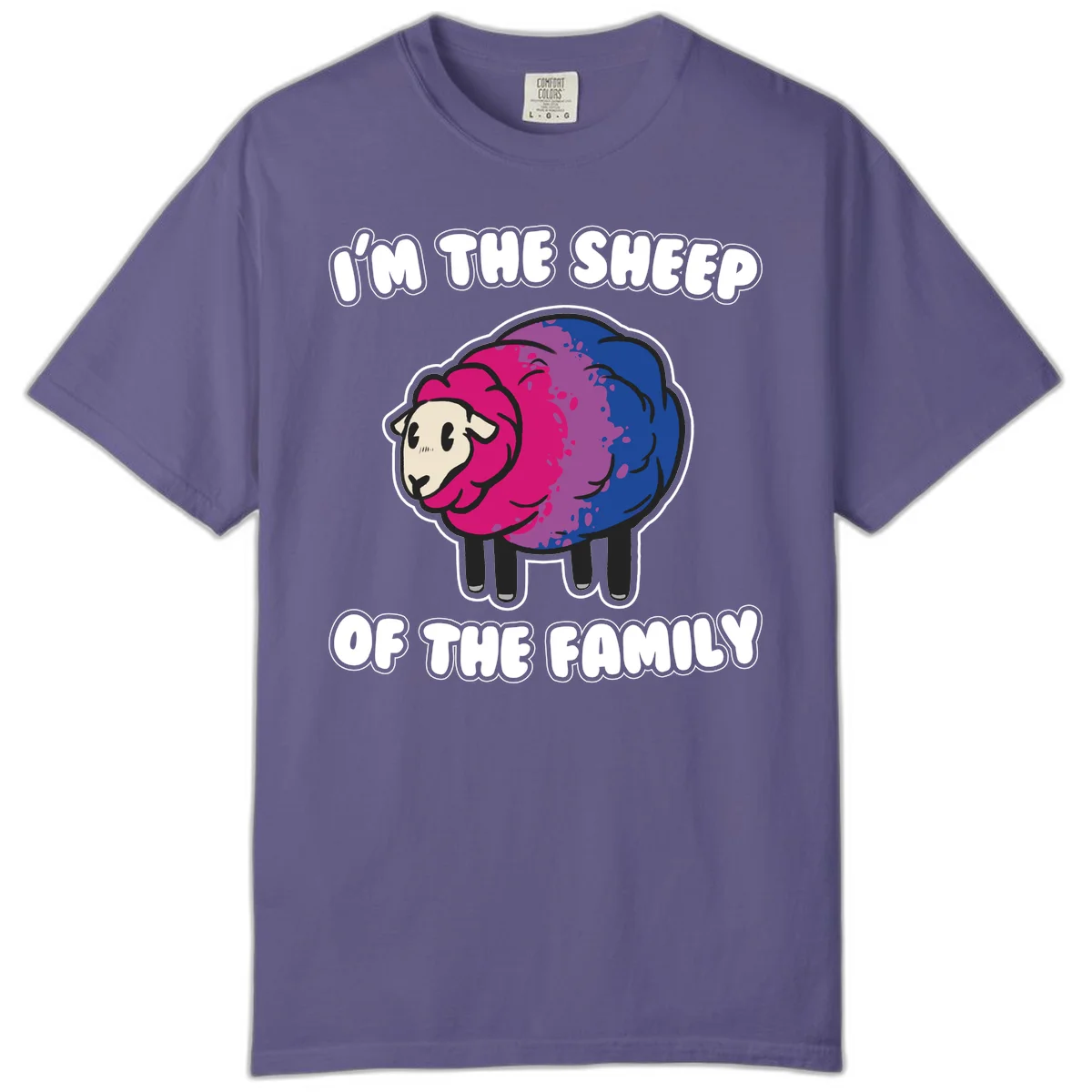 Colorful cartoon sheep with gradient pink, purple, and blue wool, text reads 'I'm the sheep of the family' in Grape