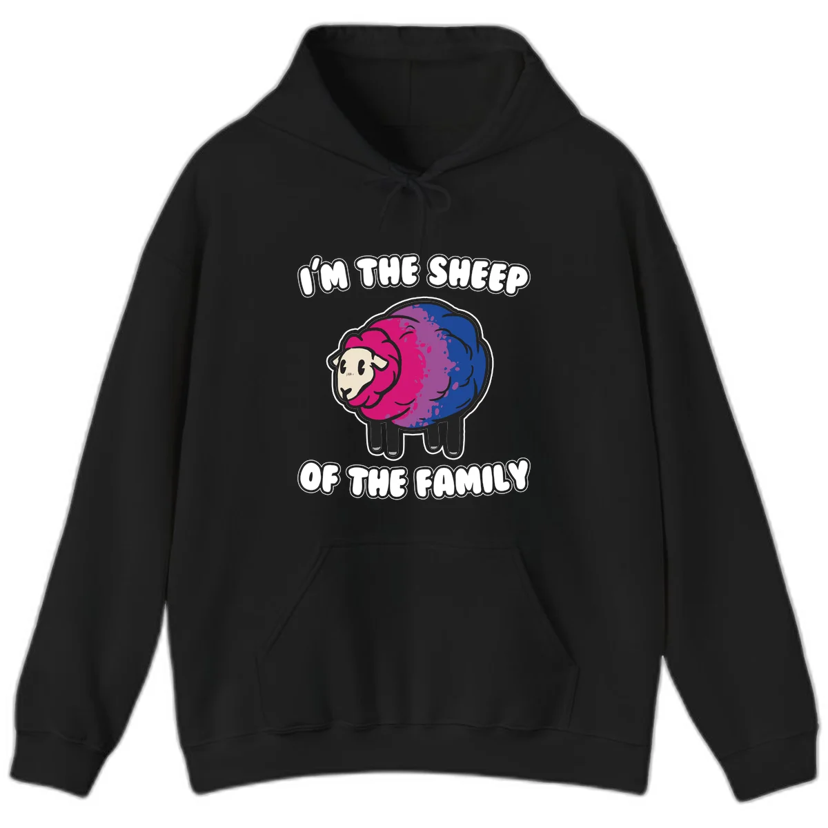 Colorful cartoon sheep with gradient pink, purple, and blue wool, text reads 'I'm the sheep of the family' in Black