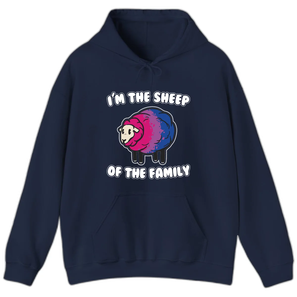Colorful cartoon sheep with gradient pink, purple, and blue wool, text reads 'I'm the sheep of the family' in Navy