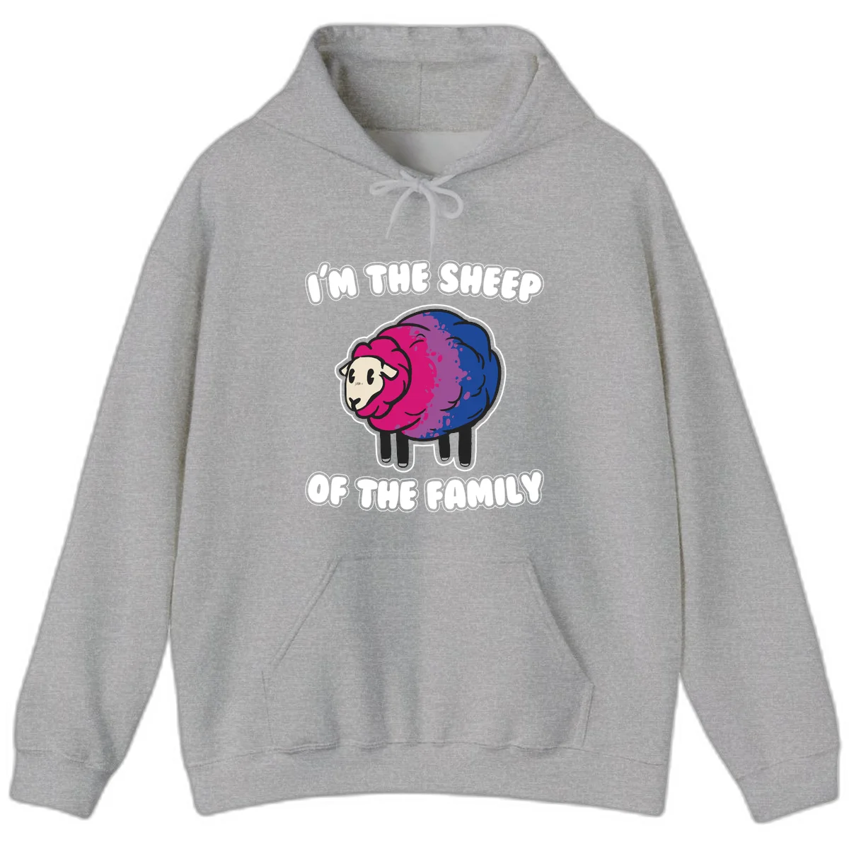 Colorful cartoon sheep with gradient pink, purple, and blue wool, text reads 'I'm the sheep of the family' in Sport Grey