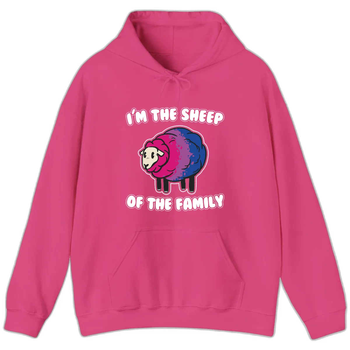 Colorful cartoon sheep with gradient pink, purple, and blue wool, text reads 'I'm the sheep of the family' in Heliconia