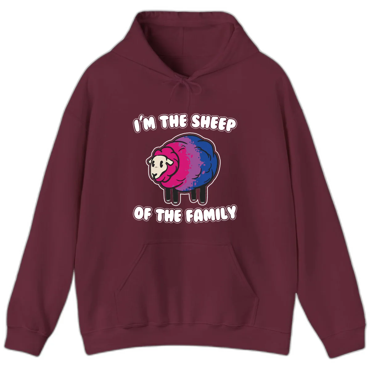 Colorful cartoon sheep with gradient pink, purple, and blue wool, text reads 'I'm the sheep of the family' in Maroon