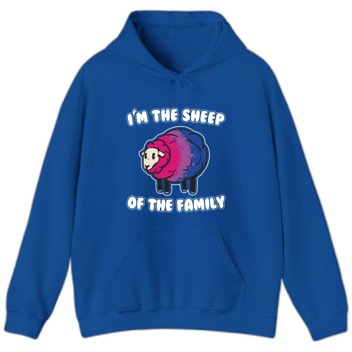 Colorful cartoon sheep with gradient pink, purple, and blue wool, text reads 'I'm the sheep of the family' in Royal