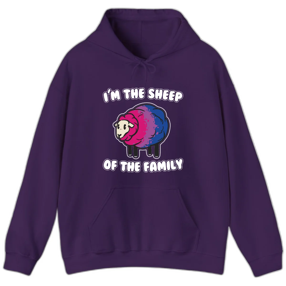 Colorful cartoon sheep with gradient pink, purple, and blue wool, text reads 'I'm the sheep of the family' in Purple