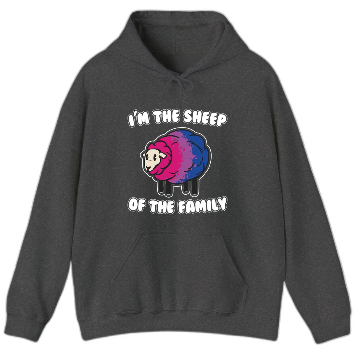 Colorful cartoon sheep with gradient pink, purple, and blue wool, text reads 'I'm the sheep of the family' in Dark Heather