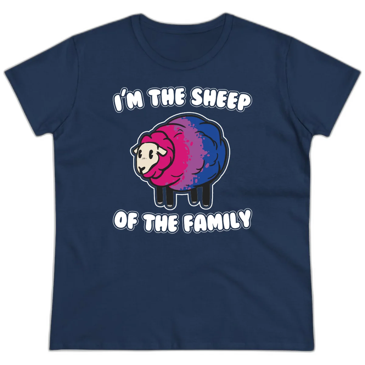 Colorful cartoon sheep with gradient pink, purple, and blue wool, text reads 'I'm the sheep of the family' in Navy