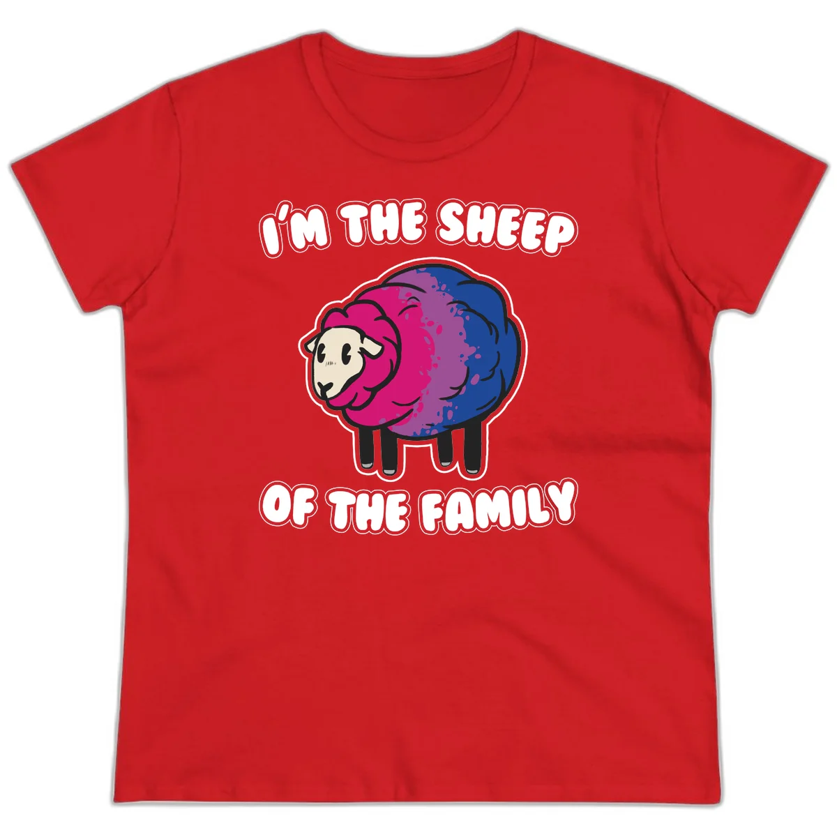 Colorful cartoon sheep with gradient pink, purple, and blue wool, text reads 'I'm the sheep of the family' in Red