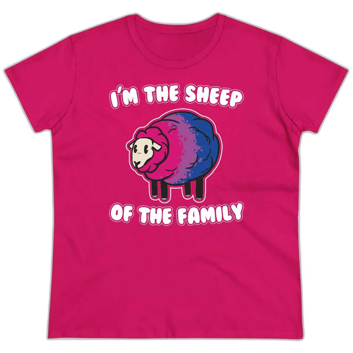 Colorful cartoon sheep with gradient pink, purple, and blue wool, text reads 'I'm the sheep of the family' in Heliconia