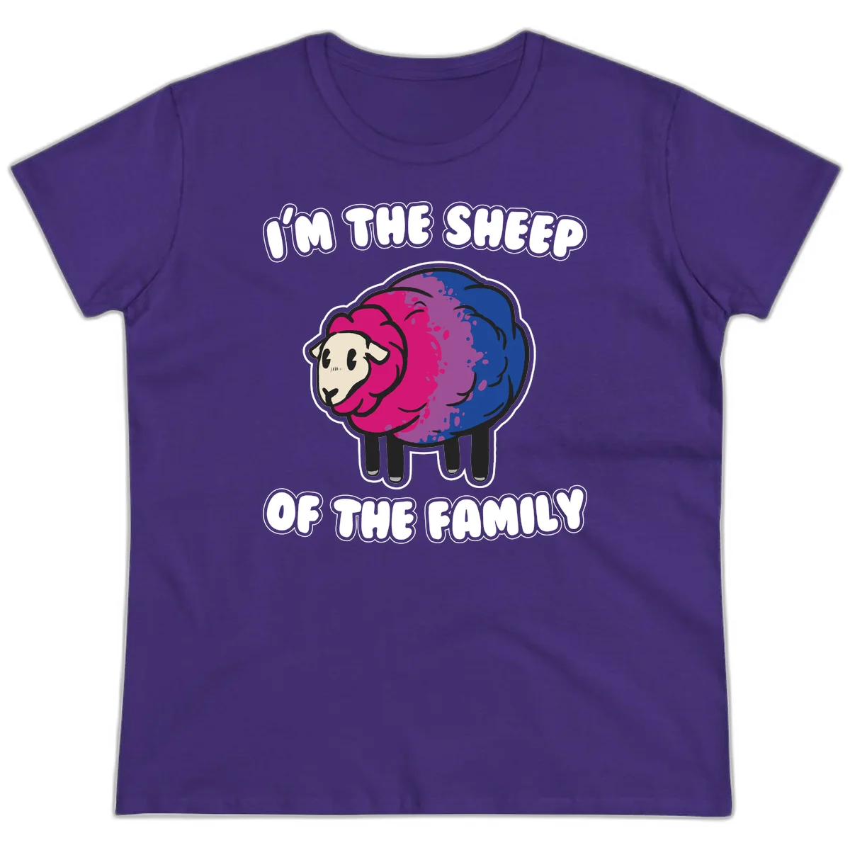 Colorful cartoon sheep with gradient pink, purple, and blue wool, text reads 'I'm the sheep of the family' in Purple
