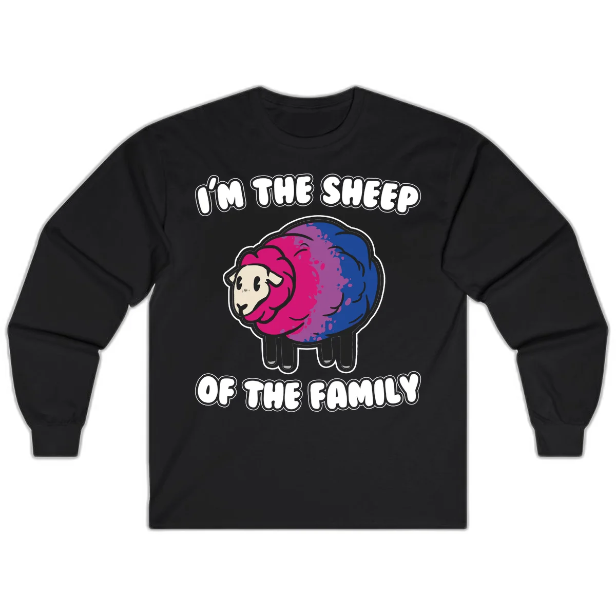 Colorful cartoon sheep with gradient pink, purple, and blue wool, text reads 'I'm the sheep of the family' in Black
