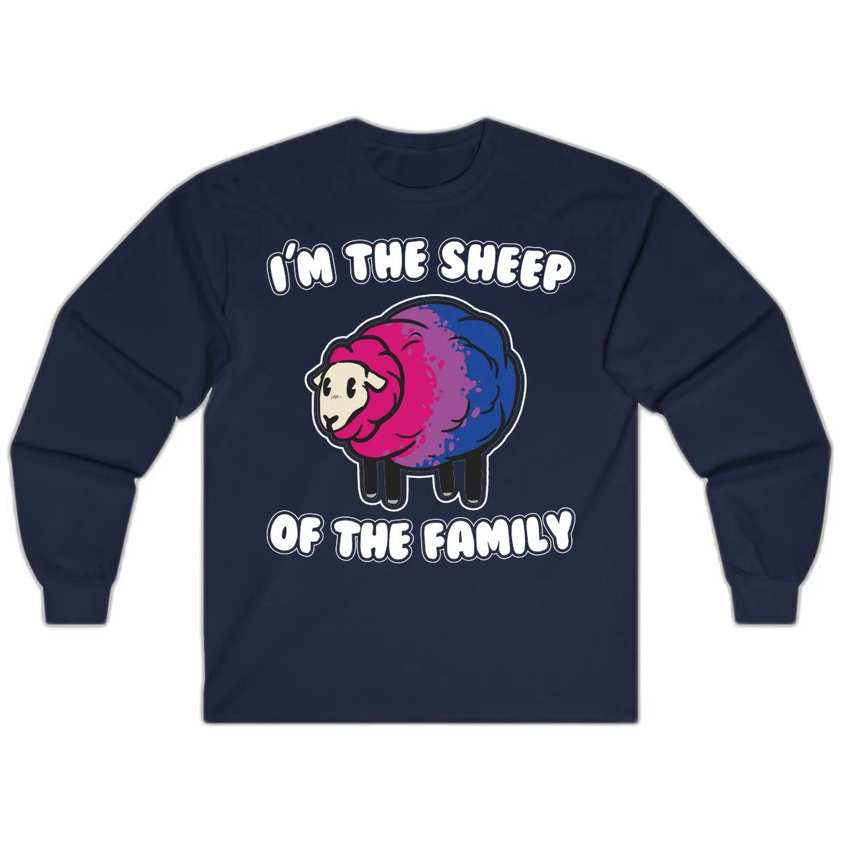 Colorful cartoon sheep with gradient pink, purple, and blue wool, text reads 'I'm the sheep of the family' in Navy