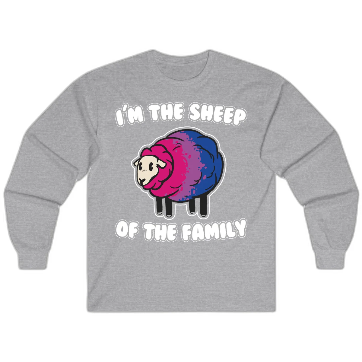 Colorful cartoon sheep with gradient pink, purple, and blue wool, text reads 'I'm the sheep of the family' in Sport Grey