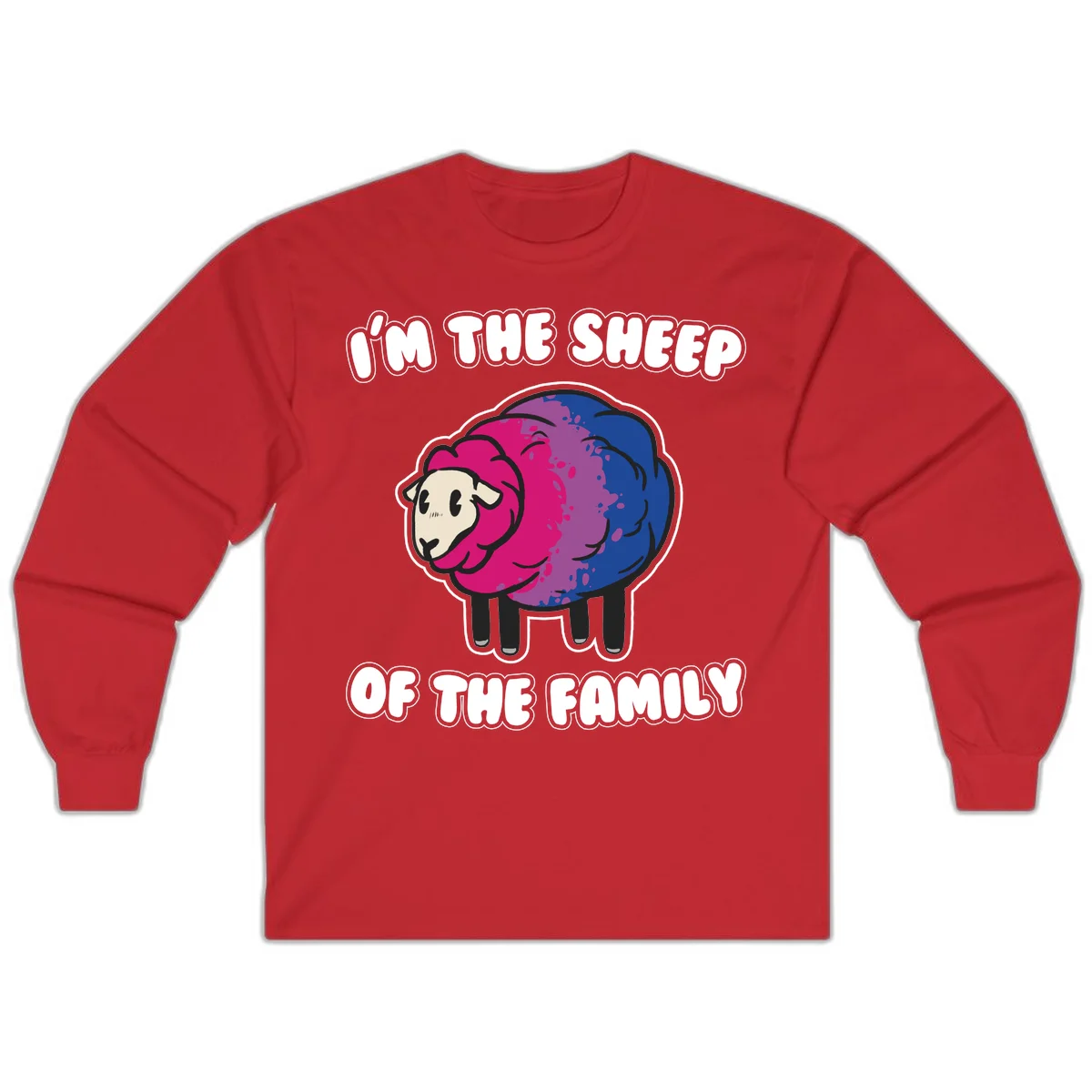 Colorful cartoon sheep with gradient pink, purple, and blue wool, text reads 'I'm the sheep of the family' in Red