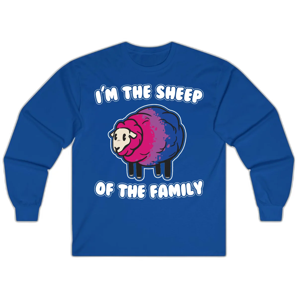 Colorful cartoon sheep with gradient pink, purple, and blue wool, text reads 'I'm the sheep of the family' in Royal