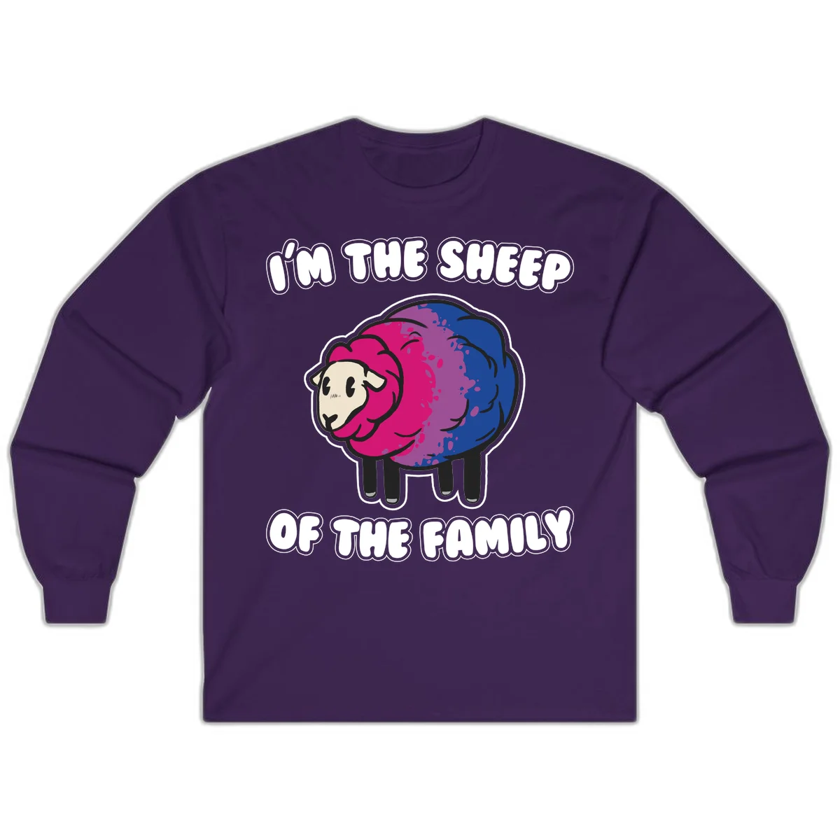 Colorful cartoon sheep with gradient pink, purple, and blue wool, text reads 'I'm the sheep of the family' in Purple