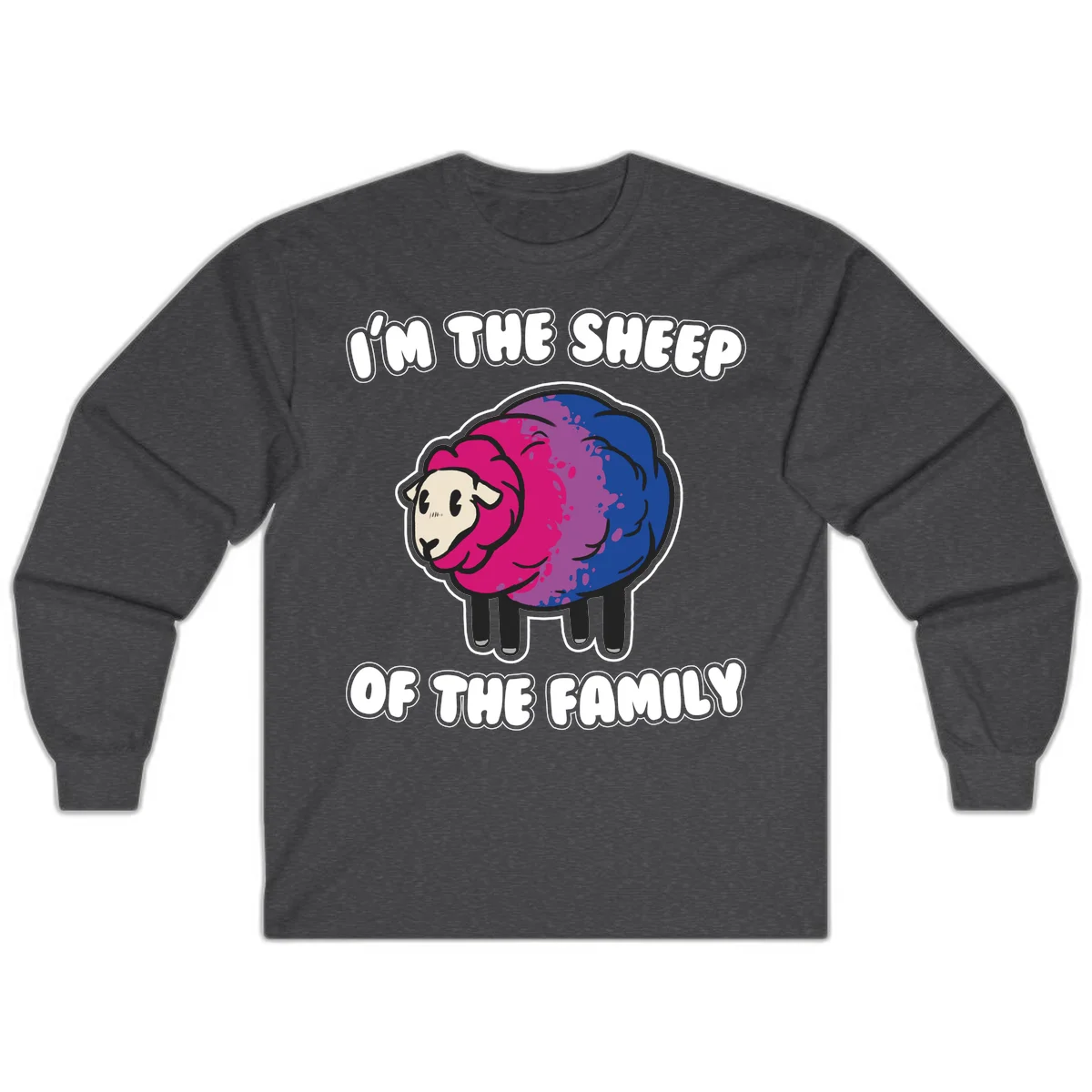 Colorful cartoon sheep with gradient pink, purple, and blue wool, text reads 'I'm the sheep of the family' in Dark Heather