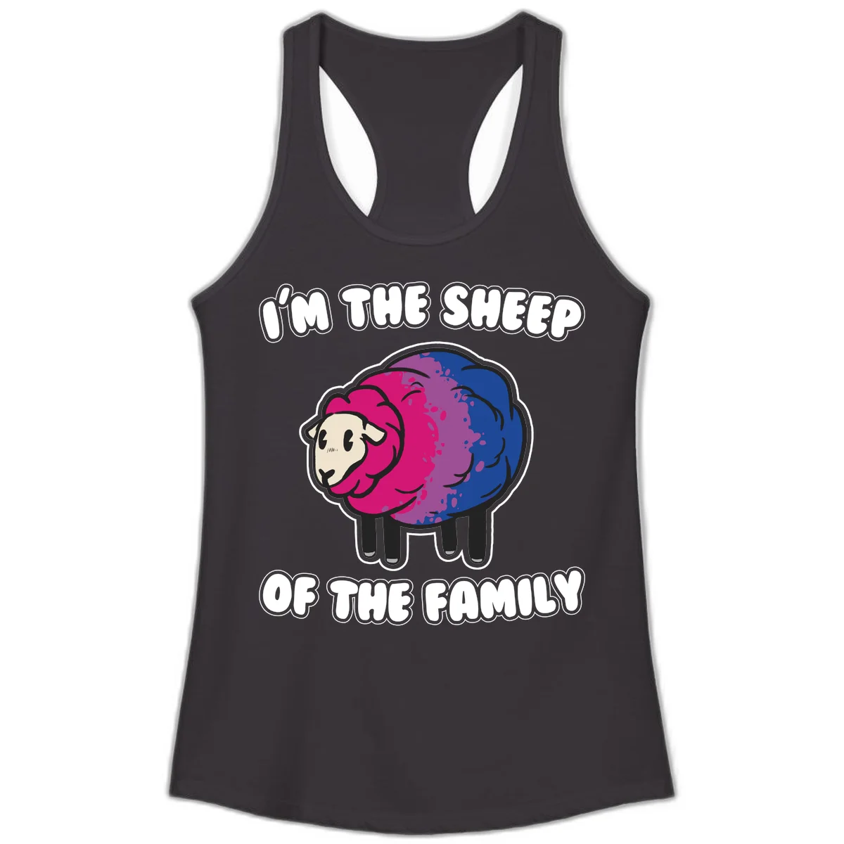 Colorful cartoon sheep with gradient pink, purple, and blue wool, text reads 'I'm the sheep of the family' in Black