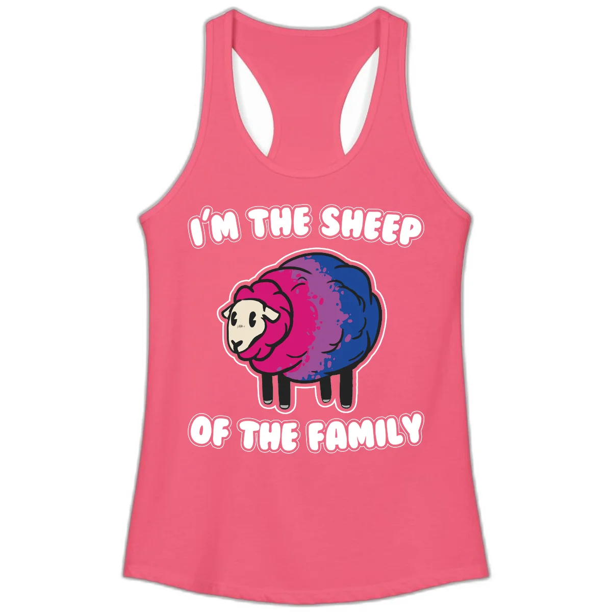 Colorful cartoon sheep with gradient pink, purple, and blue wool, text reads 'I'm the sheep of the family' in Hot Pink
