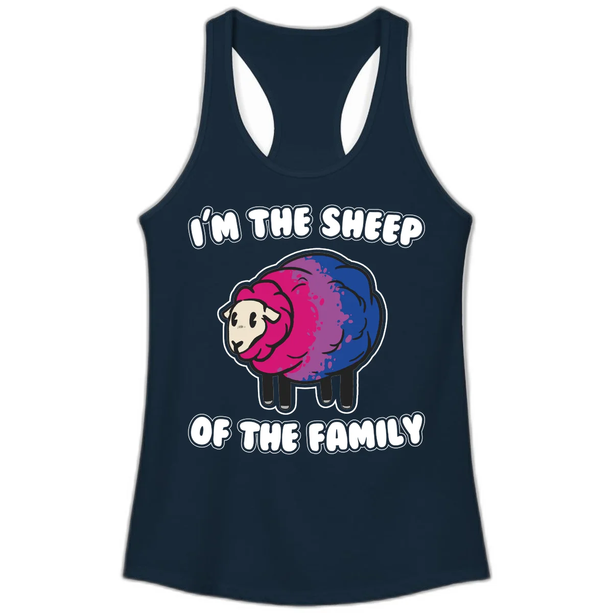 Colorful cartoon sheep with gradient pink, purple, and blue wool, text reads 'I'm the sheep of the family' in Solid Midnight Navy