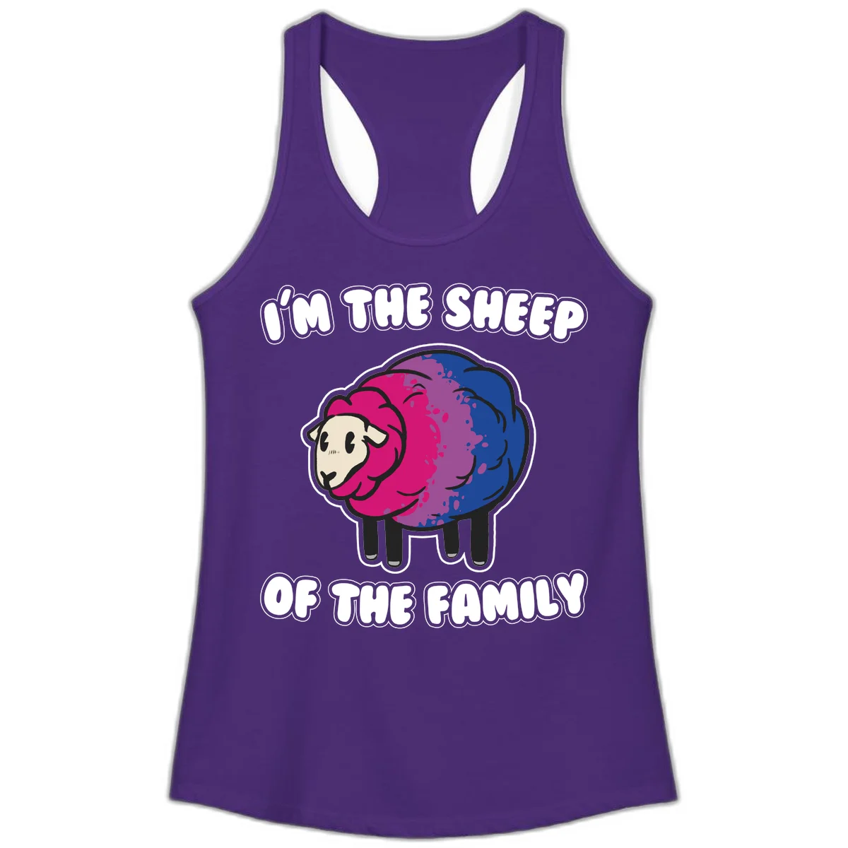 Colorful cartoon sheep with gradient pink, purple, and blue wool, text reads 'I'm the sheep of the family' in Solid Purple Rush