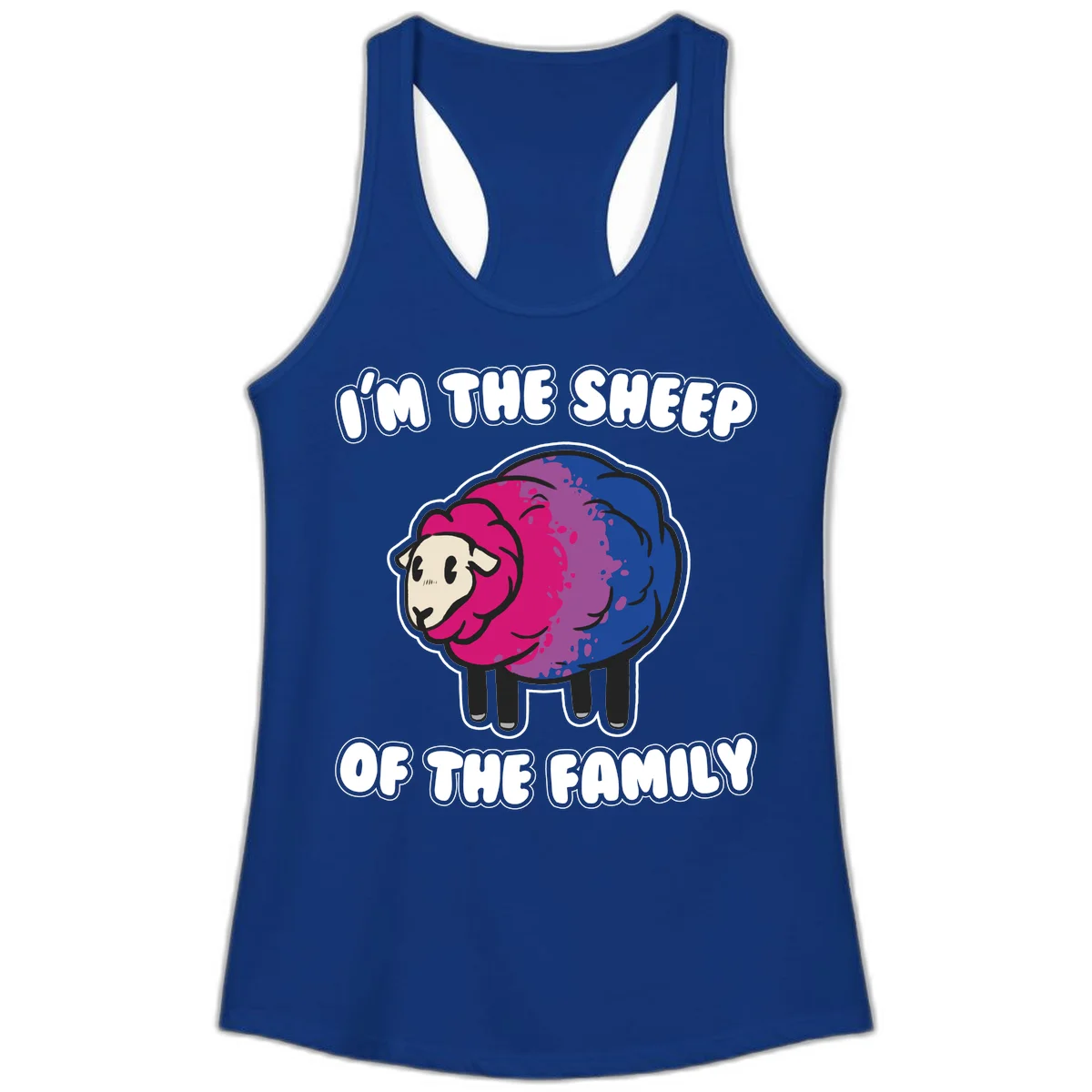 Colorful cartoon sheep with gradient pink, purple, and blue wool, text reads 'I'm the sheep of the family' in Solid Royal