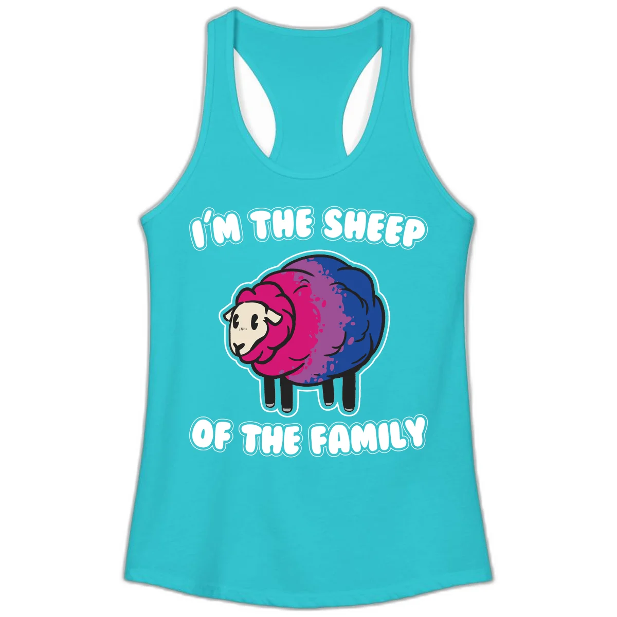 Colorful cartoon sheep with gradient pink, purple, and blue wool, text reads 'I'm the sheep of the family' in Solid Tahiti Blue