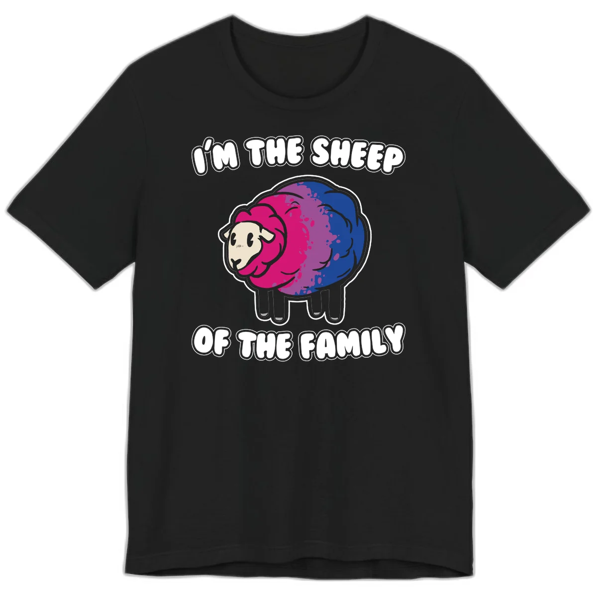 Colorful cartoon sheep with gradient pink, purple, and blue wool, text reads 'I'm the sheep of the family' in Black