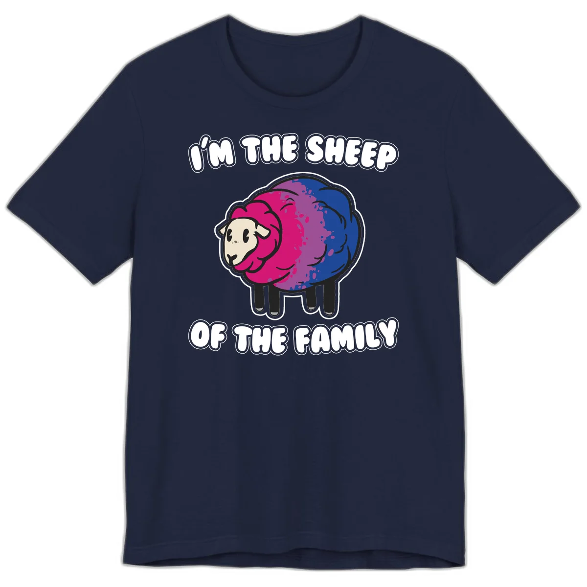 Colorful cartoon sheep with gradient pink, purple, and blue wool, text reads 'I'm the sheep of the family' in Navy
