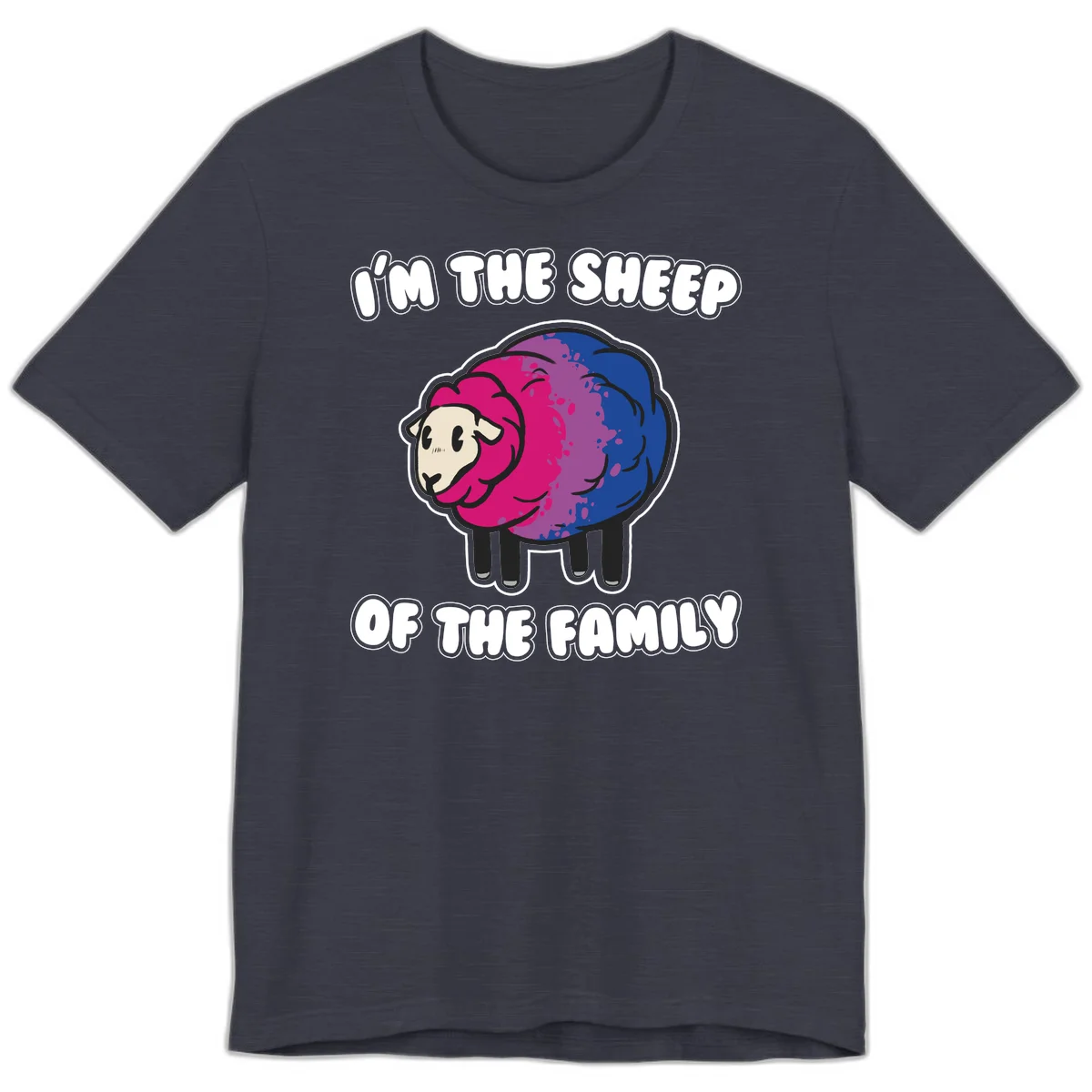 Colorful cartoon sheep with gradient pink, purple, and blue wool, text reads 'I'm the sheep of the family' in Heather Midnight Navy