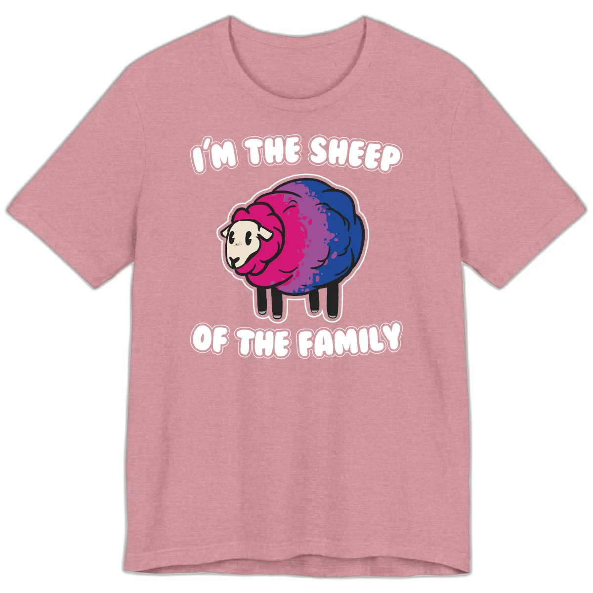 Colorful cartoon sheep with gradient pink, purple, and blue wool, text reads 'I'm the sheep of the family' in Heather Orchid