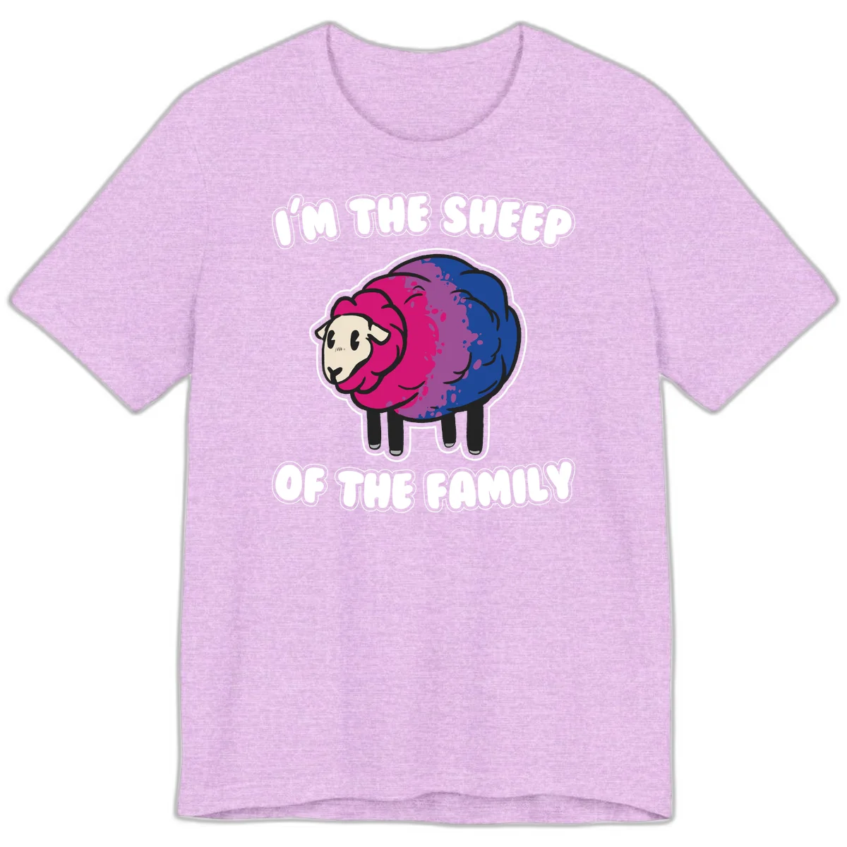 Colorful cartoon sheep with gradient pink, purple, and blue wool, text reads 'I'm the sheep of the family' in Heather Prism Lilac