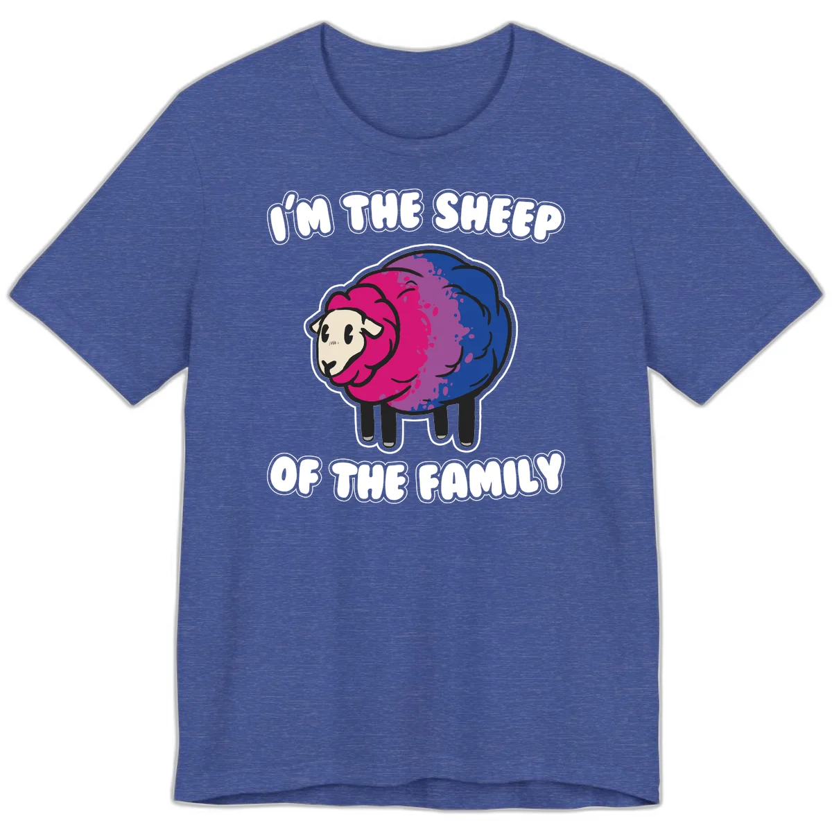 Colorful cartoon sheep with gradient pink, purple, and blue wool, text reads 'I'm the sheep of the family' in Heather True Royal