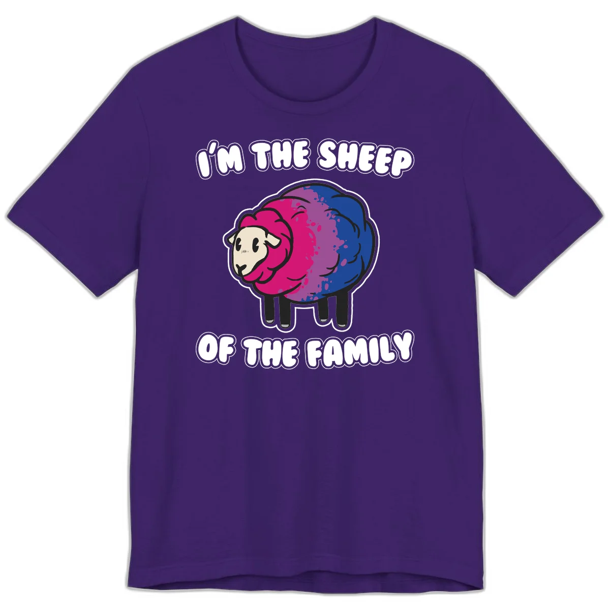 Colorful cartoon sheep with gradient pink, purple, and blue wool, text reads 'I'm the sheep of the family' in Team Purple