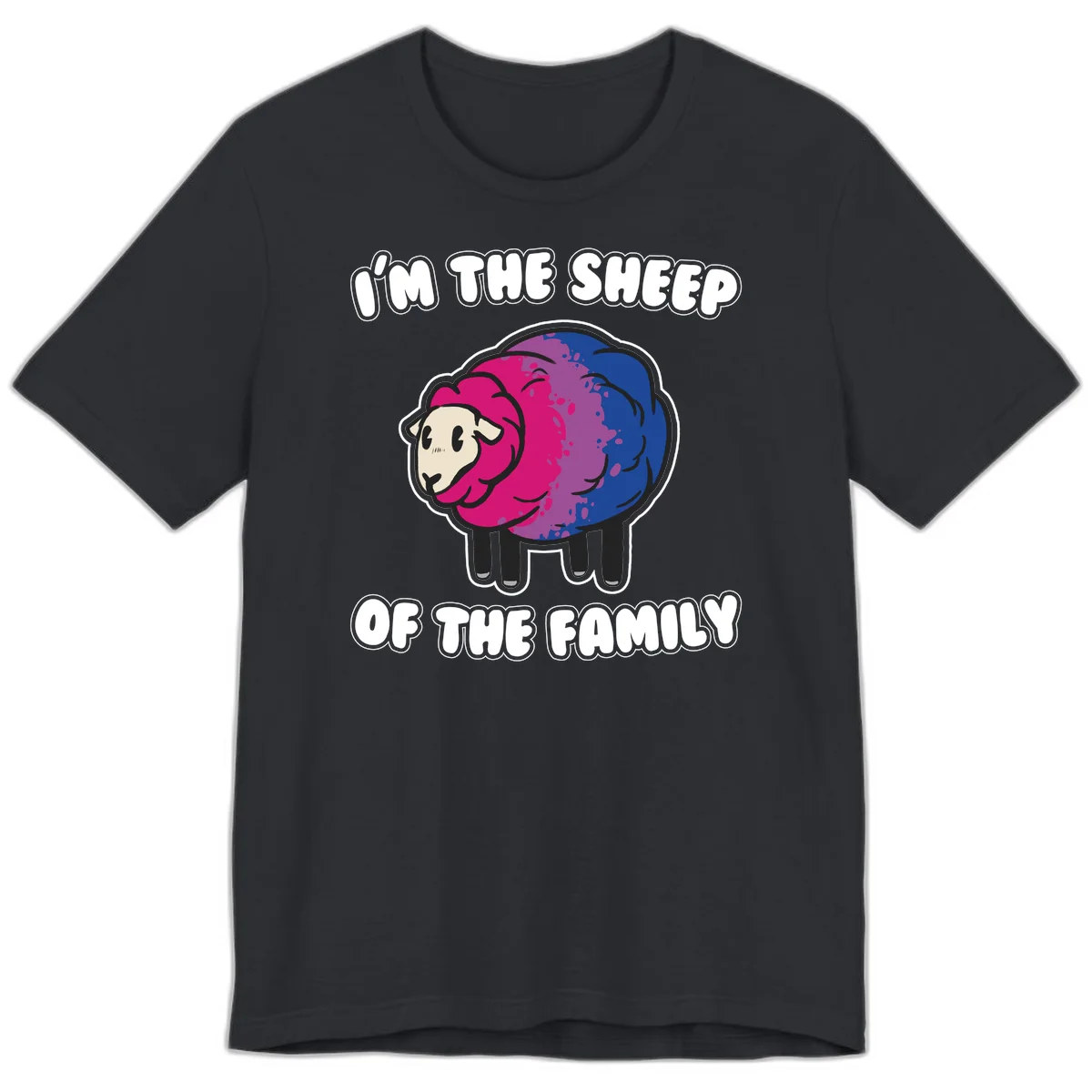 Colorful cartoon sheep with gradient pink, purple, and blue wool, text reads 'I'm the sheep of the family' in Vintage Black