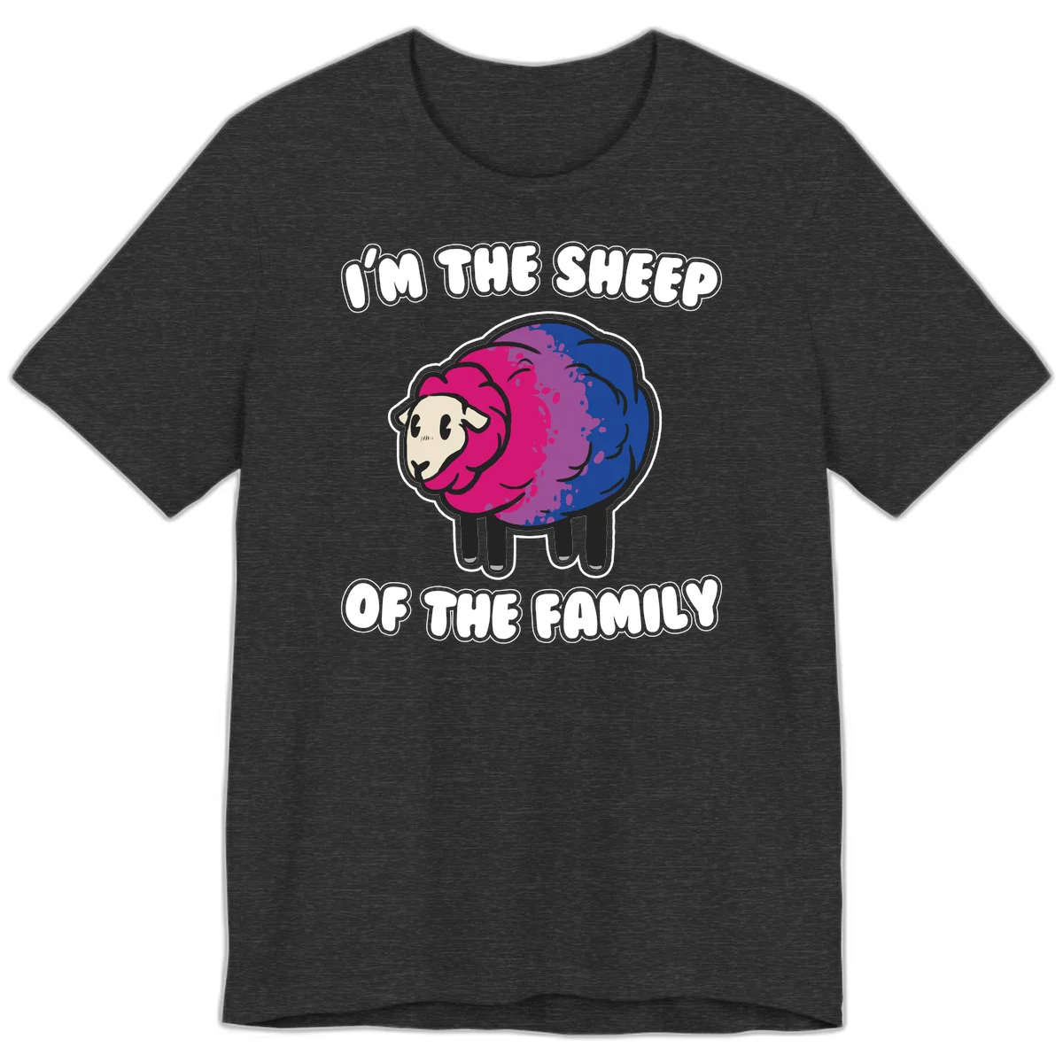 Colorful cartoon sheep with gradient pink, purple, and blue wool, text reads 'I'm the sheep of the family' in Dark Grey Heather