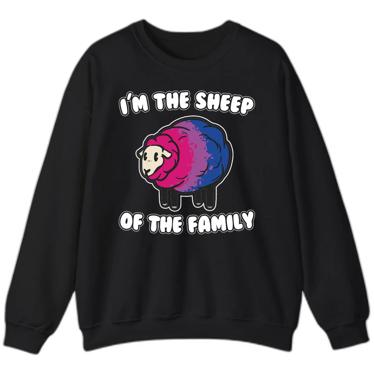 Colorful cartoon sheep with gradient pink, purple, and blue wool, text reads 'I'm the sheep of the family' in Black