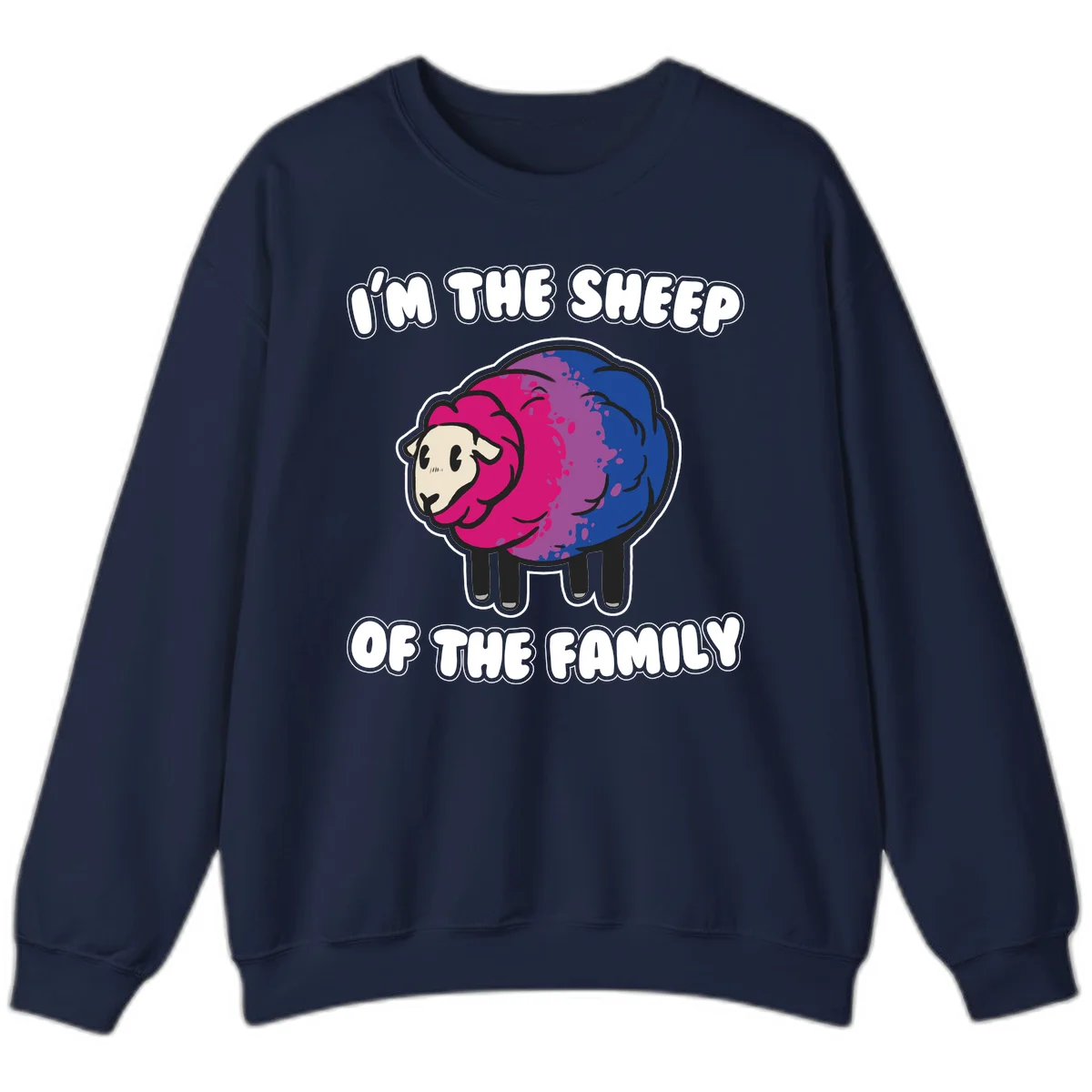Colorful cartoon sheep with gradient pink, purple, and blue wool, text reads 'I'm the sheep of the family' in Navy