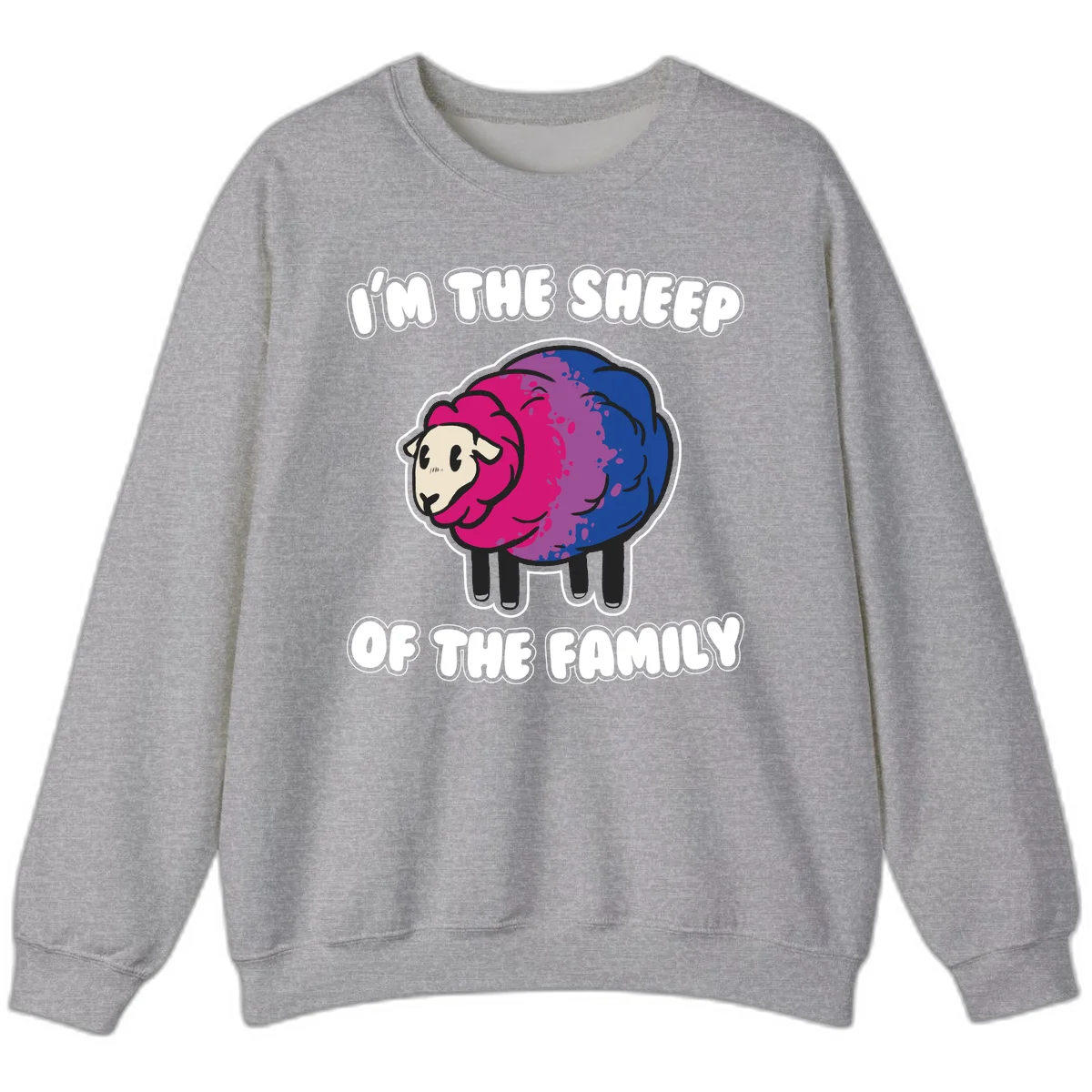 Colorful cartoon sheep with gradient pink, purple, and blue wool, text reads 'I'm the sheep of the family' in Sport Grey