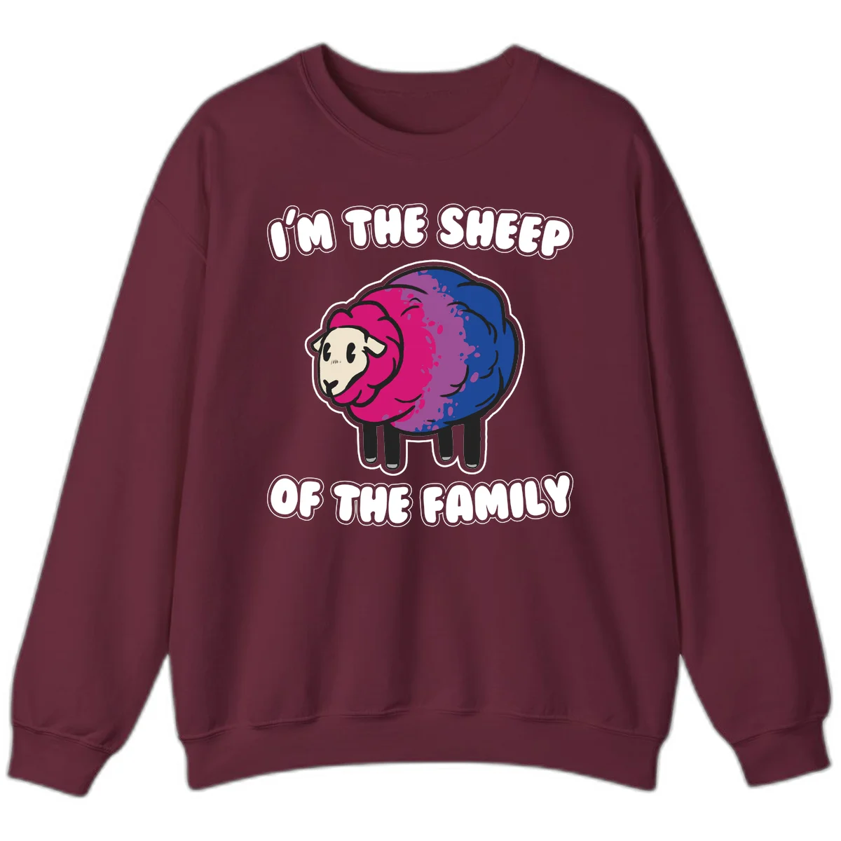 Colorful cartoon sheep with gradient pink, purple, and blue wool, text reads 'I'm the sheep of the family' in Maroon