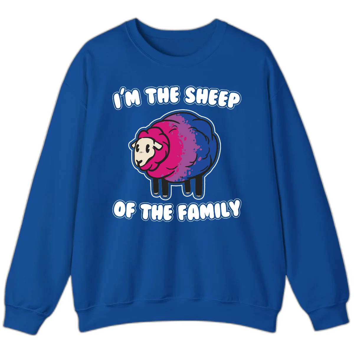 Colorful cartoon sheep with gradient pink, purple, and blue wool, text reads 'I'm the sheep of the family' in Royal