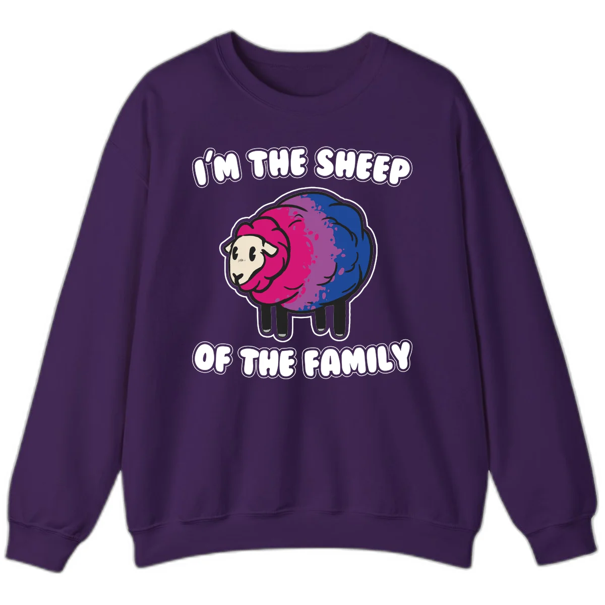 Colorful cartoon sheep with gradient pink, purple, and blue wool, text reads 'I'm the sheep of the family' in Purple