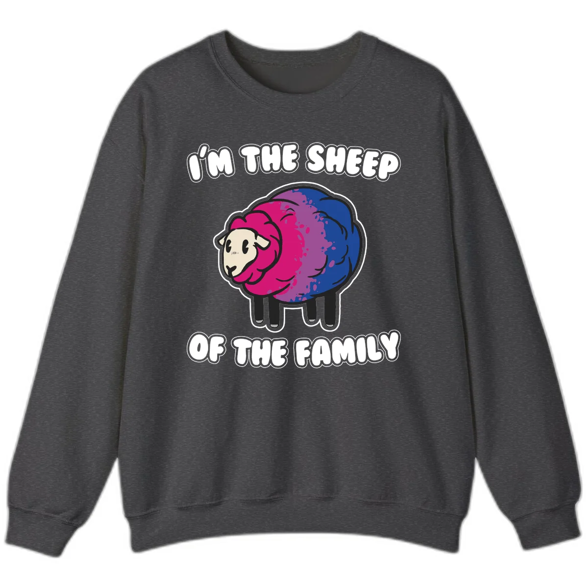 Colorful cartoon sheep with gradient pink, purple, and blue wool, text reads 'I'm the sheep of the family' in Dark Heather