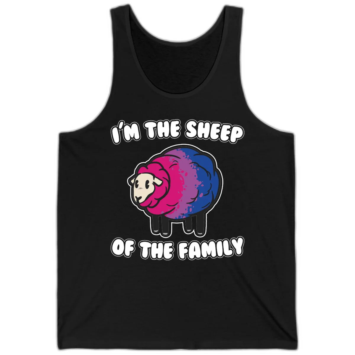 Colorful cartoon sheep with gradient pink, purple, and blue wool, text reads 'I'm the sheep of the family' in Black