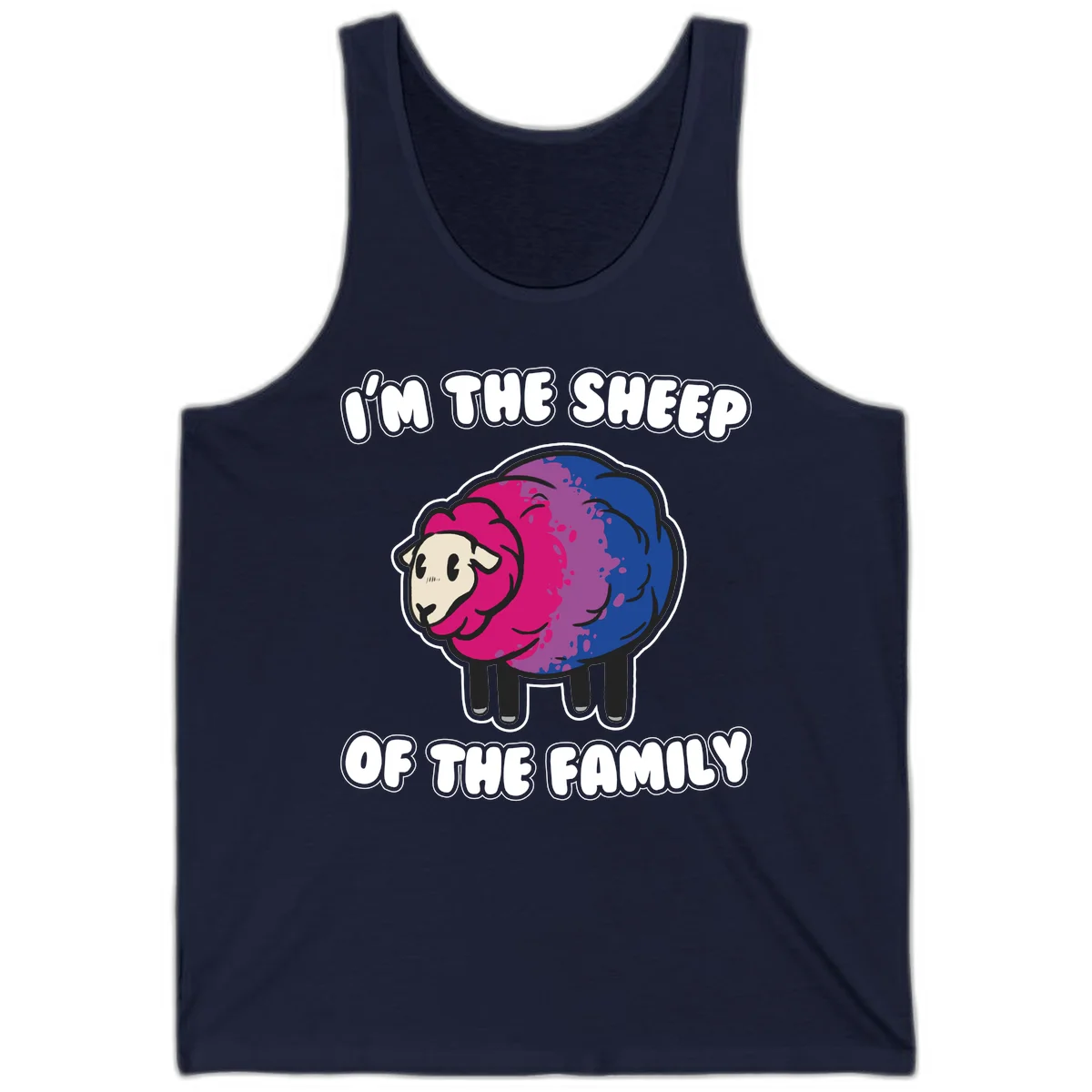Colorful cartoon sheep with gradient pink, purple, and blue wool, text reads 'I'm the sheep of the family' in Navy