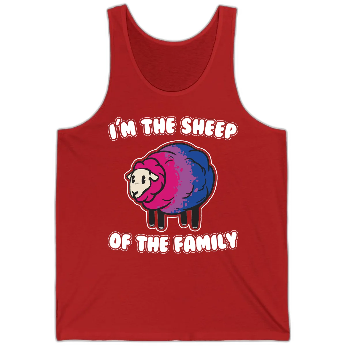 Colorful cartoon sheep with gradient pink, purple, and blue wool, text reads 'I'm the sheep of the family' in Red