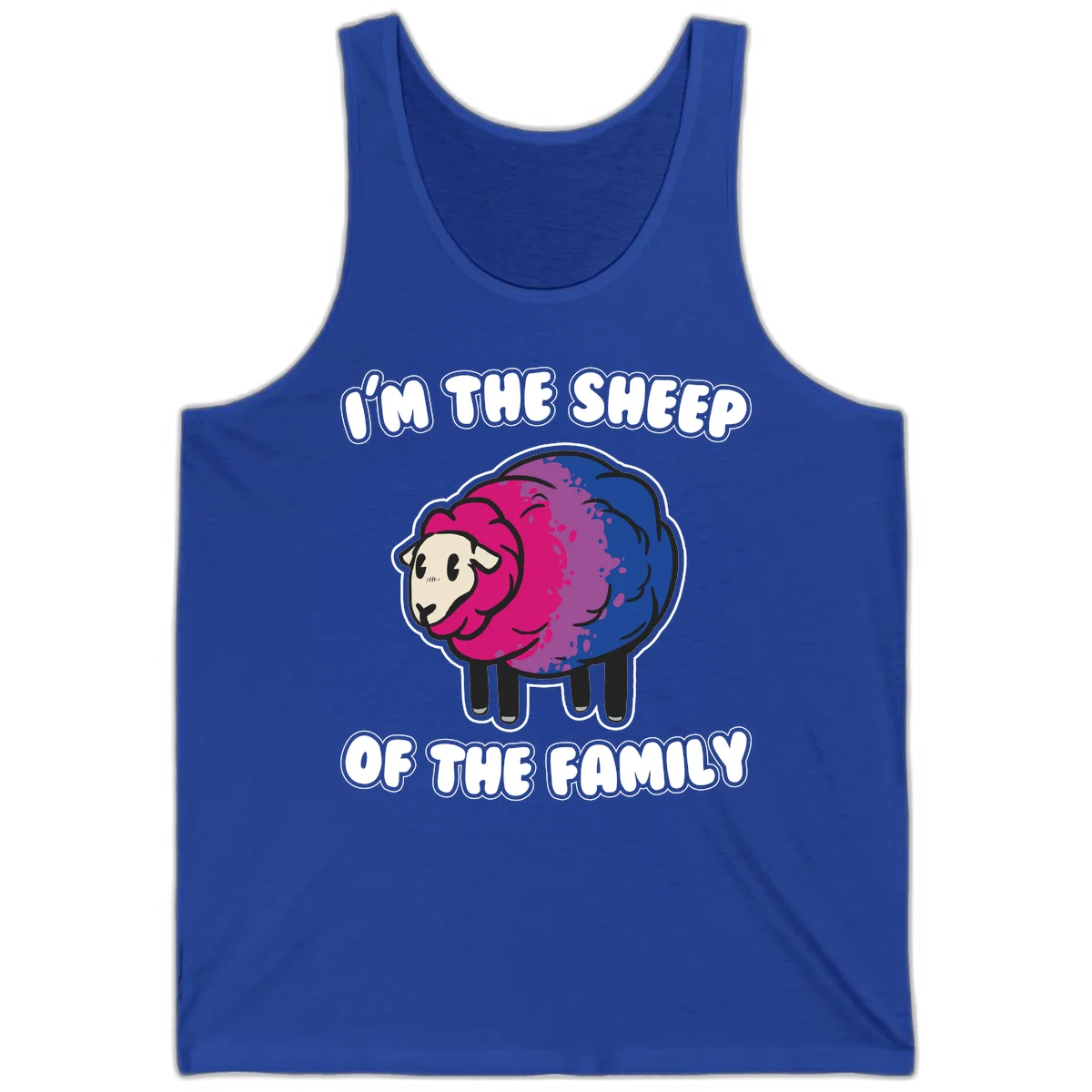 Colorful cartoon sheep with gradient pink, purple, and blue wool, text reads 'I'm the sheep of the family' in True Royal