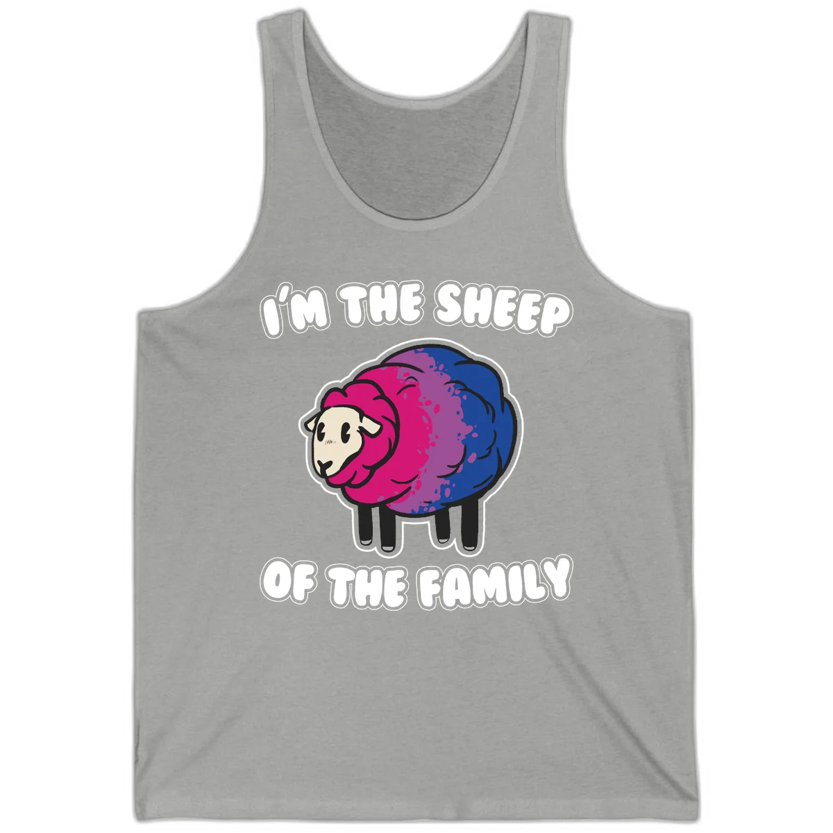 Colorful cartoon sheep with gradient pink, purple, and blue wool, text reads 'I'm the sheep of the family' in Athletic Heather